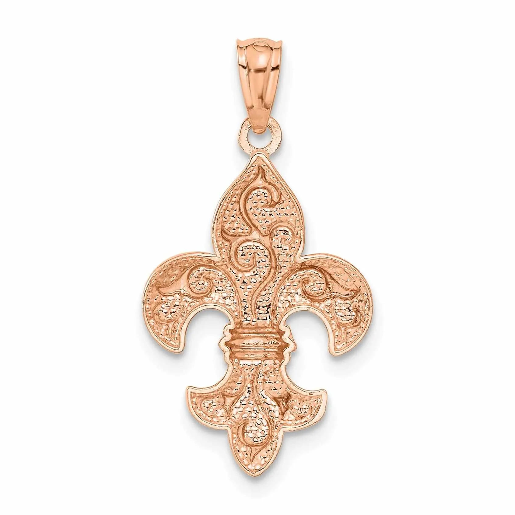 14k Rose Gold Solid Textured Polished Finish Beaded Concave Shape Mens Fleur De Lis Charm Design Pendant