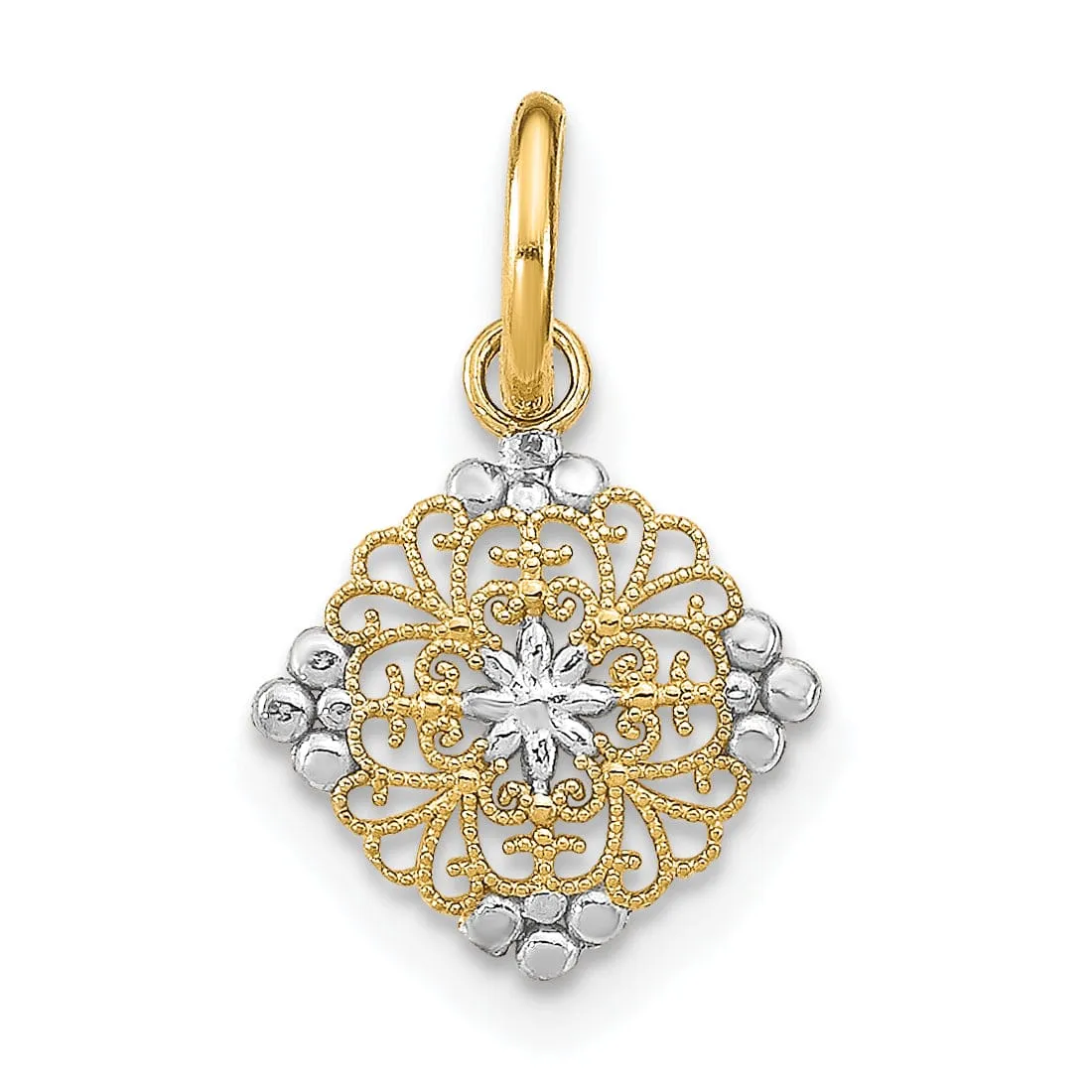 14K Yellow Gold, White Rhodium Polished Finish Mini Filigree Beaded Design Medallion Pendant