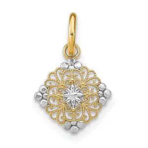 14K Yellow Gold, White Rhodium Polished Finish Mini Filigree Beaded Design Medallion Pendant