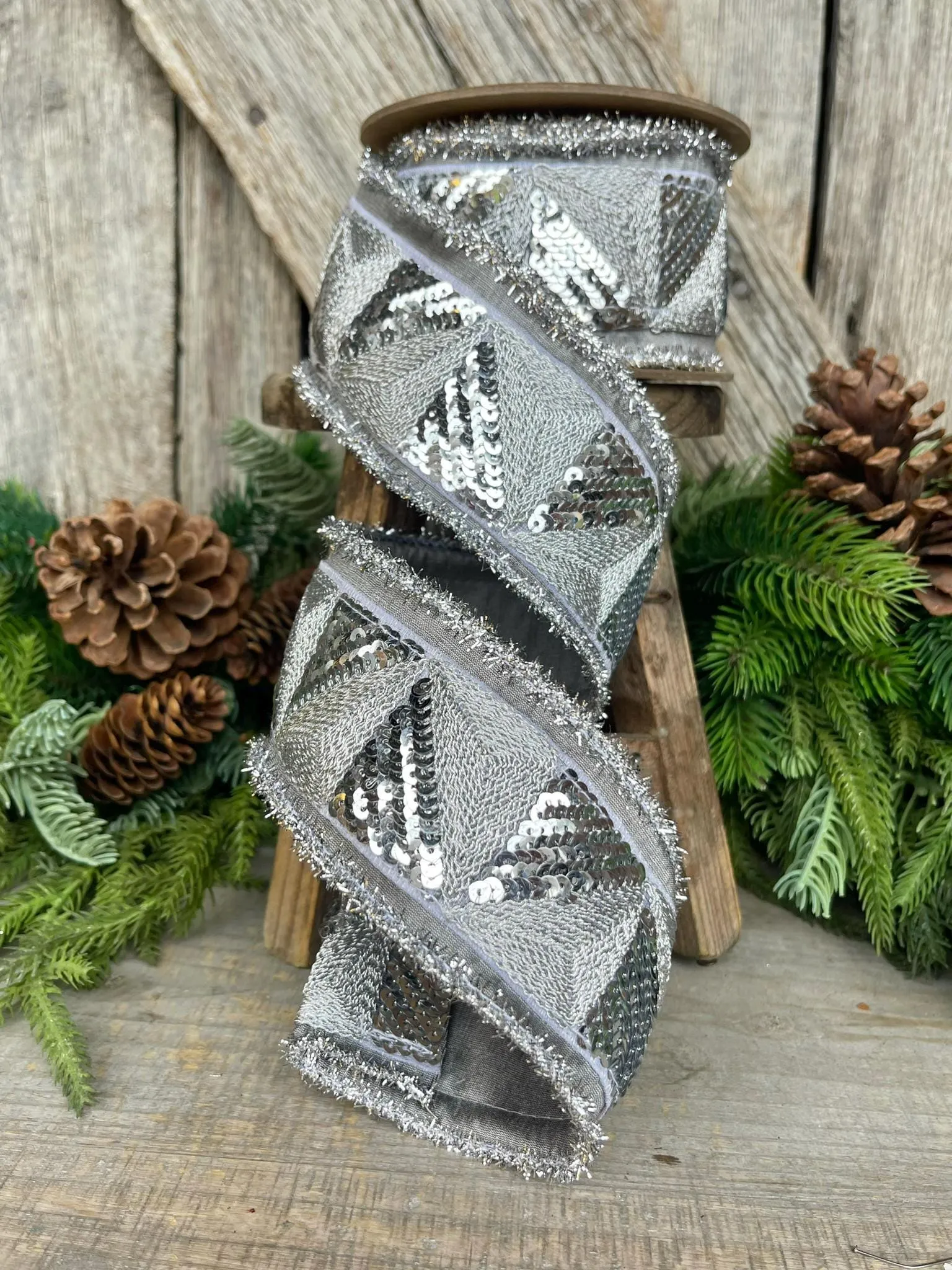 2.5" Silver Sequin Ribbon, Silver Christmas Ribbon