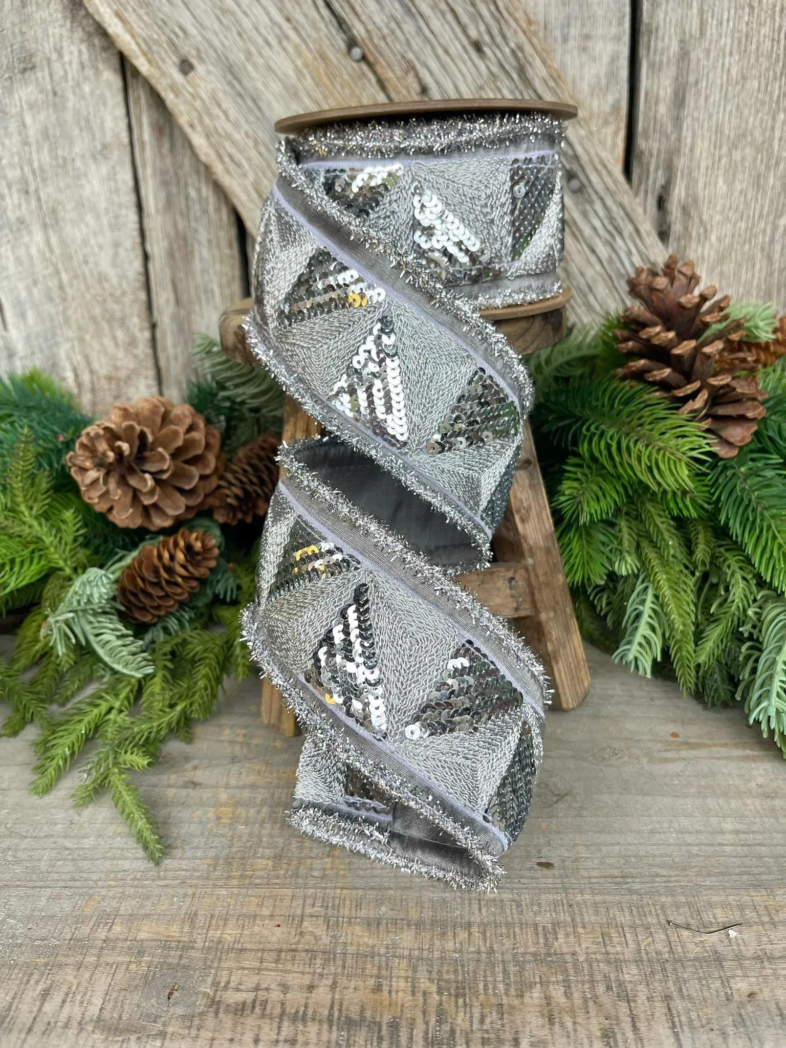 2.5" Silver Sequin Ribbon, Silver Christmas Ribbon