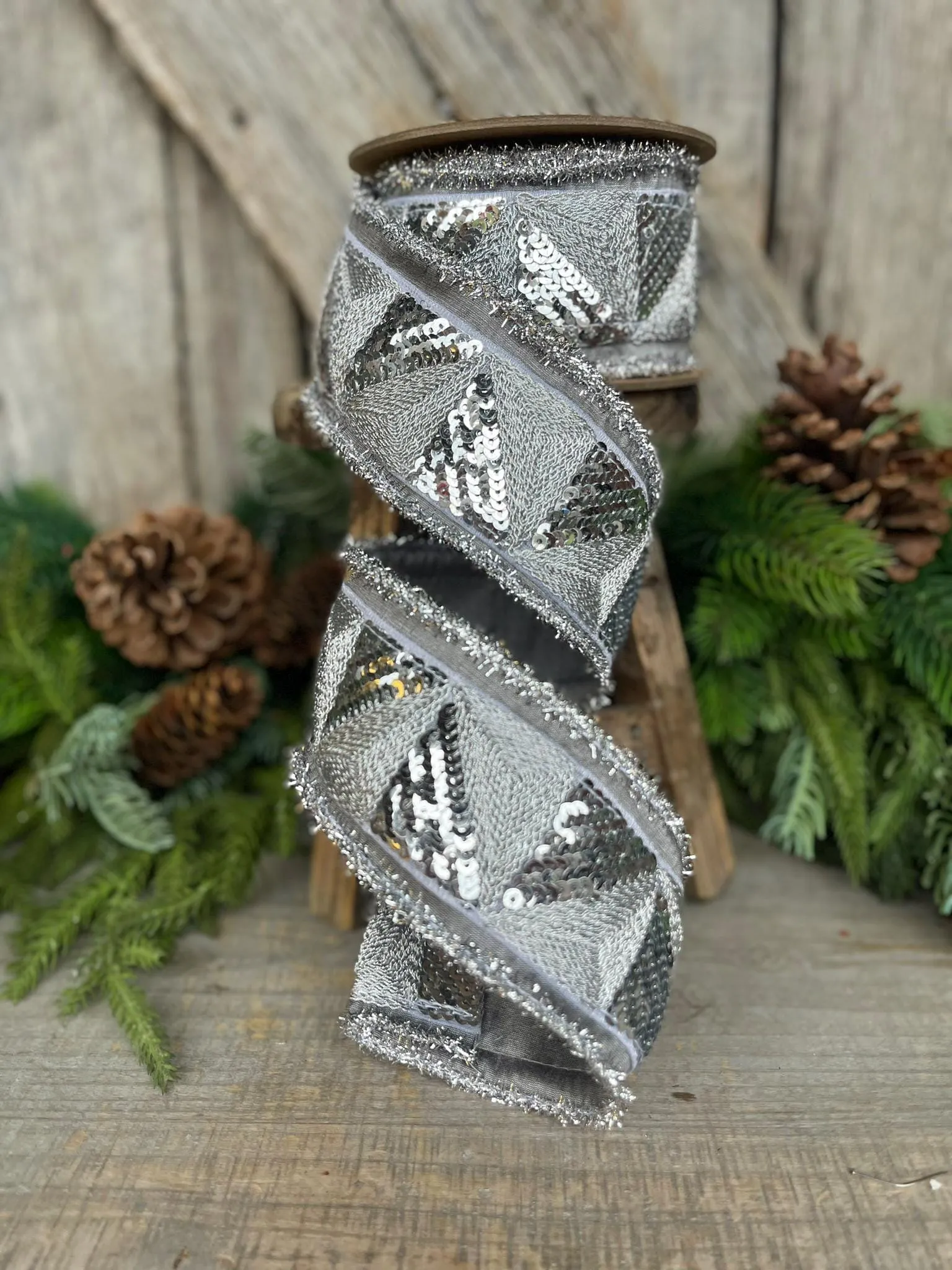 2.5" Silver Sequin Ribbon, Silver Christmas Ribbon