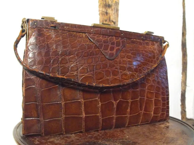 A Dashing Edwardian Crocodile Skin & Suede Lined Handbag