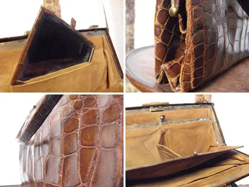 A Dashing Edwardian Crocodile Skin & Suede Lined Handbag