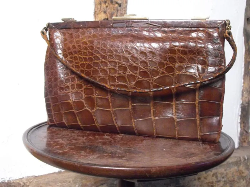 A Dashing Edwardian Crocodile Skin & Suede Lined Handbag