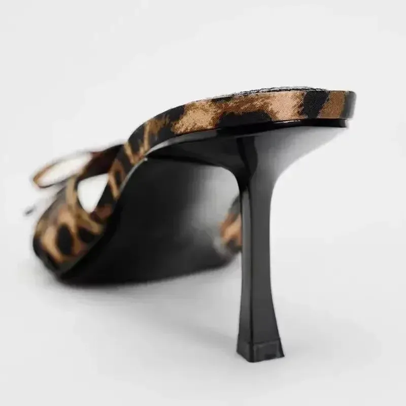 Amozae-2024 New European and American High Quality Women Shoes Bow Knot Leopard Print High Heel Slippers Women Slippers