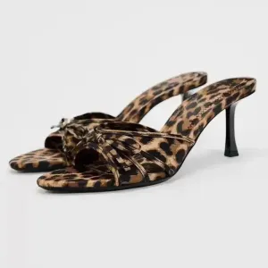 Amozae-2024 New European and American High Quality Women Shoes Bow Knot Leopard Print High Heel Slippers Women Slippers