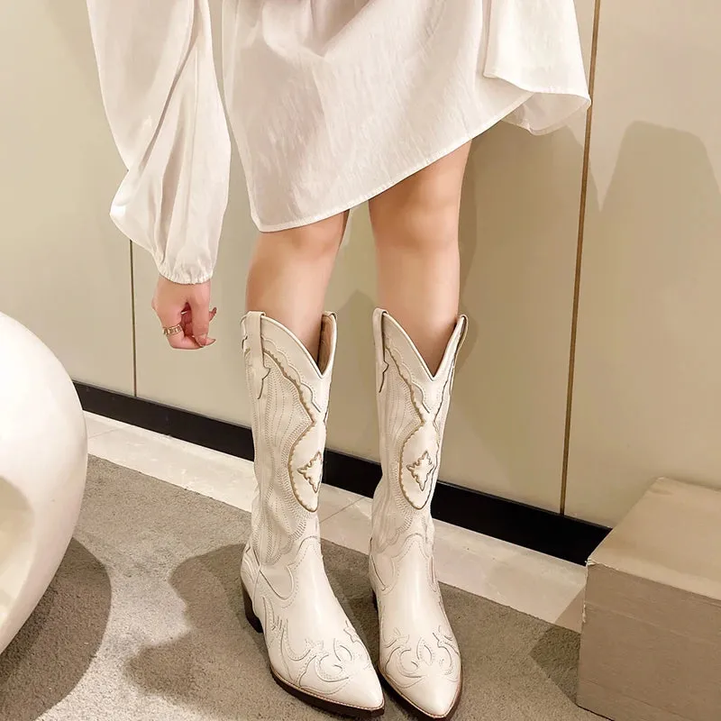 Amozae-2024 Women Cowboy Boots Fashion Square Thick Heel Ladies Elegant Slip On Long Booties Spring Autumn Embroidery Women's Footwear