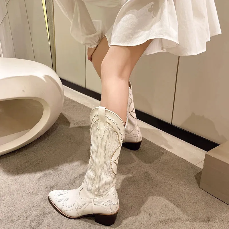 Amozae-2024 Women Cowboy Boots Fashion Square Thick Heel Ladies Elegant Slip On Long Booties Spring Autumn Embroidery Women's Footwear