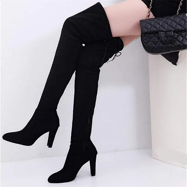 Amozae- Autumn Boots  Women's Boots Plus Size Heel Boots Daily Over The Knee Boots Crotch High Boots Winter Lace-up Chunky Heel Pointed Toe Sweet Suede Loafer Solid Colored Black Red Gray