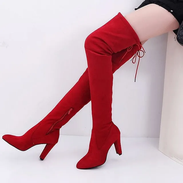 Amozae- Autumn Boots  Women's Boots Plus Size Heel Boots Daily Over The Knee Boots Crotch High Boots Winter Lace-up Chunky Heel Pointed Toe Sweet Suede Loafer Solid Colored Black Red Gray