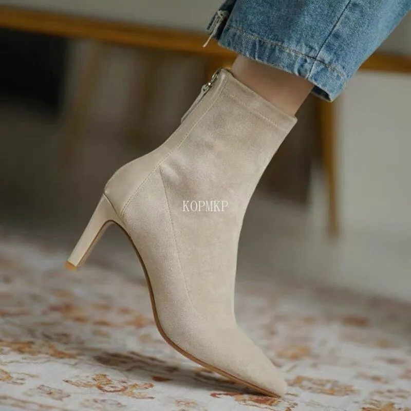 Amozae-Back to College 2024 Fashion Women's Black Ankle Sock Boots Spring/ Autumn Stretch Boots Thin High Heels Pointed Toe Kopmkp Women's Shoes 34-40