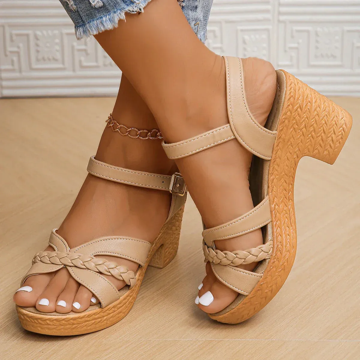 AMOZAE- - Camel Thick High Heels Sandals