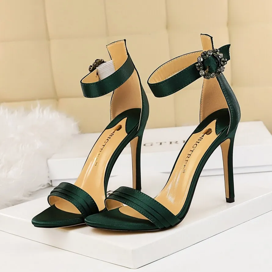 Amozae-Crystal Women Satin 11cm High Heels Fetish Silk Sandals Gladiator Summer Shoes Open Toe Green Platform Blue Satin Sandles