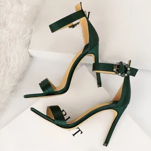 Amozae-Crystal Women Satin 11cm High Heels Fetish Silk Sandals Gladiator Summer Shoes Open Toe Green Platform Blue Satin Sandles