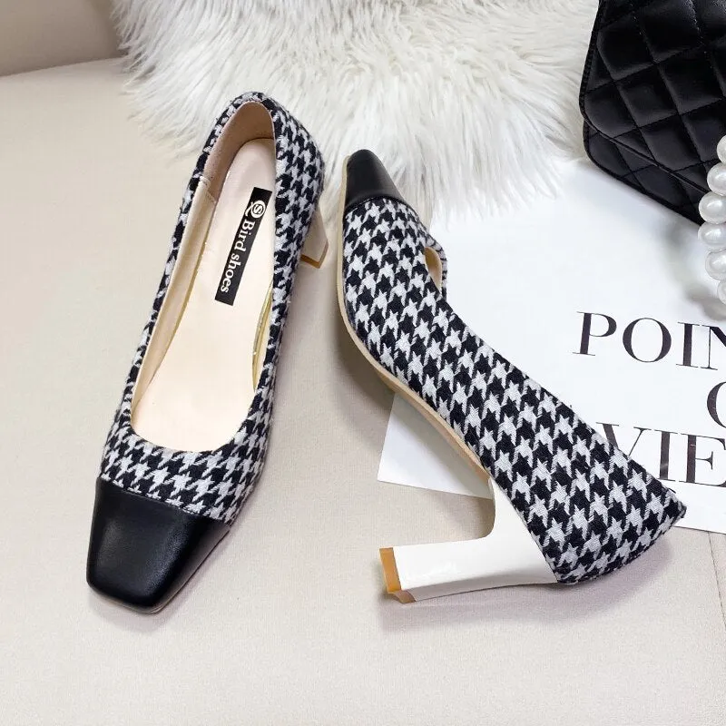 Amozae-  Fashionable 7 Cm High Square Heel Houndstooth Decorative Design  Sandals Summer New Cause Mules Women's High Heels AA6