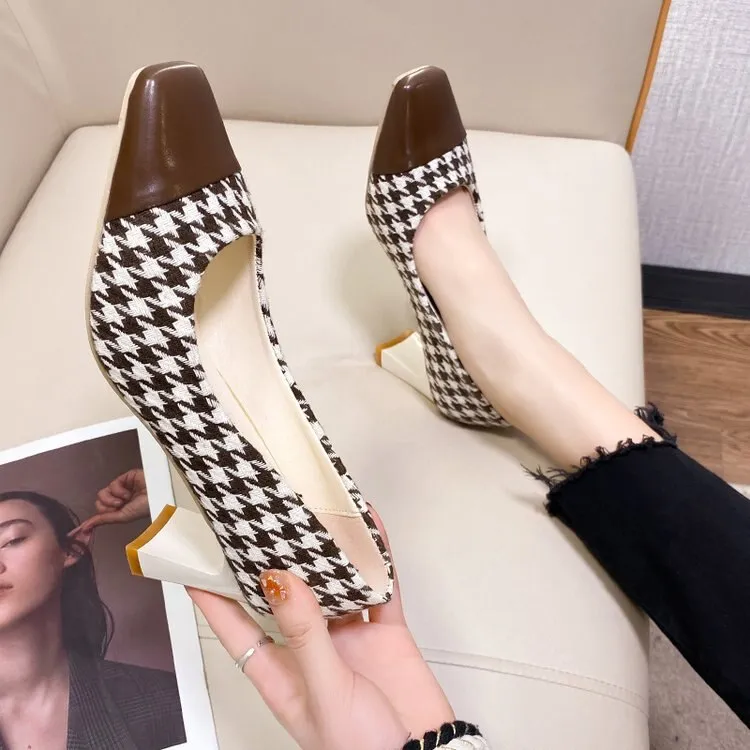 Amozae-  Fashionable 7 Cm High Square Heel Houndstooth Decorative Design  Sandals Summer New Cause Mules Women's High Heels AA6