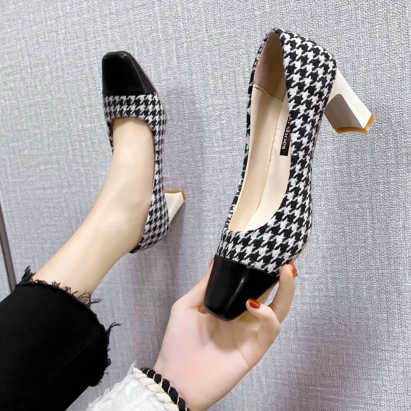 Amozae-  Fashionable 7 Cm High Square Heel Houndstooth Decorative Design  Sandals Summer New Cause Mules Women's High Heels AA6