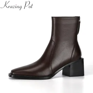 Amozae-Krazing Pot superstar cow leather high heels winter shoes classics Chelsea boots square toe zipper concise dating ankle boots