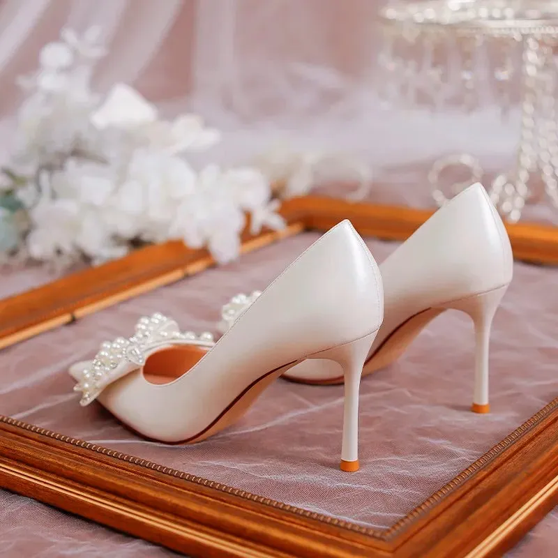 AMOZAE- - Luxury Pearl Bowknot Wedding Pumps Stiletto Heels with Silk Pointed Toe