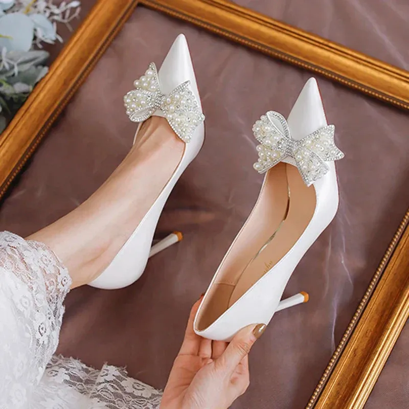 AMOZAE- - Luxury Pearl Bowknot Wedding Pumps Stiletto Heels with Silk Pointed Toe