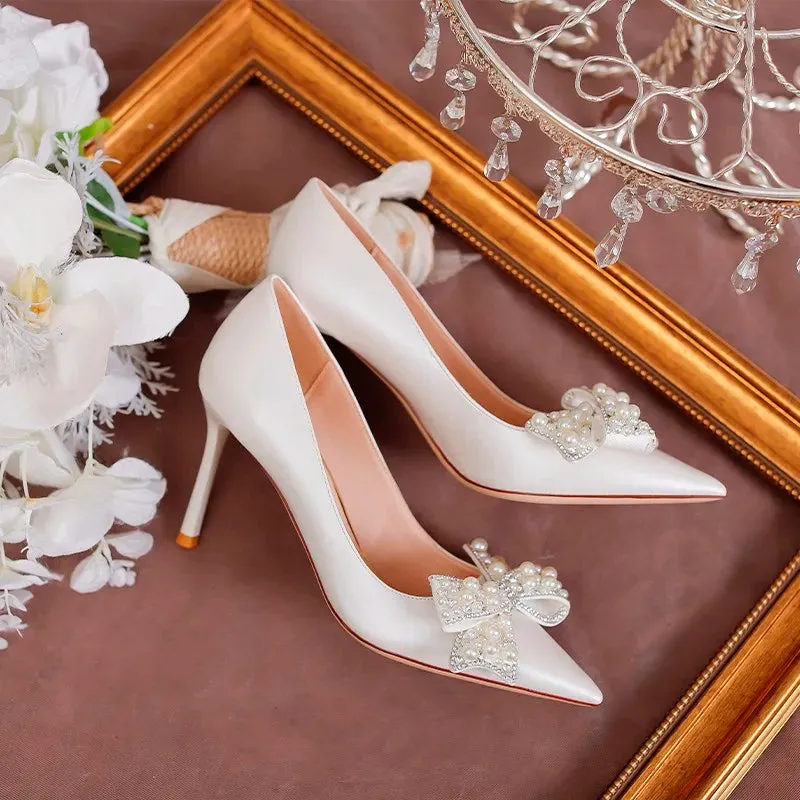 AMOZAE- - Luxury Pearl Bowknot Wedding Pumps Stiletto Heels with Silk Pointed Toe