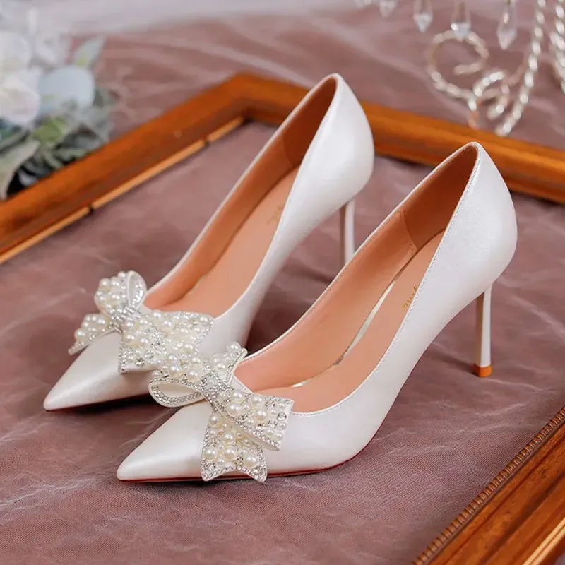 AMOZAE- - Luxury Pearl Bowknot Wedding Pumps Stiletto Heels with Silk Pointed Toe