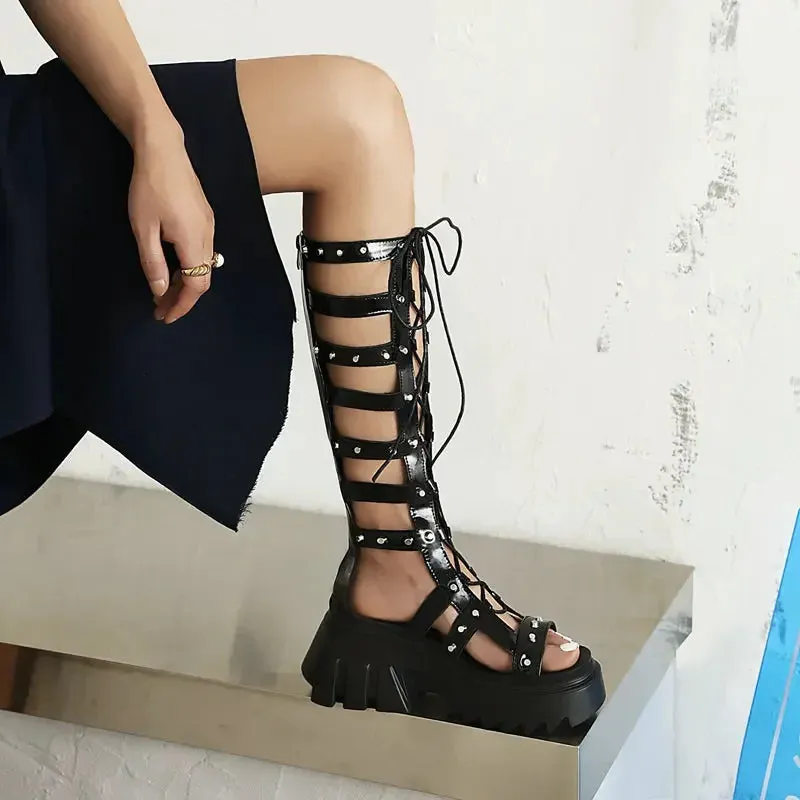 Amozae-Roman-Style Cross-Lace Cutout Long-Barrel Sandals Muffin Heels With Peep Toe Rivets To Raise Zipper Sexy Women's Sandals