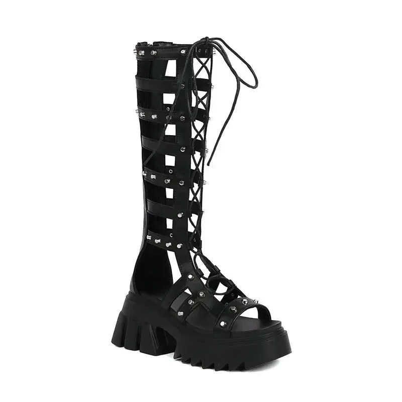 Amozae-Roman-Style Cross-Lace Cutout Long-Barrel Sandals Muffin Heels With Peep Toe Rivets To Raise Zipper Sexy Women's Sandals