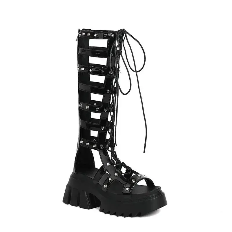 Amozae-Roman-Style Cross-Lace Cutout Long-Barrel Sandals Muffin Heels With Peep Toe Rivets To Raise Zipper Sexy Women's Sandals