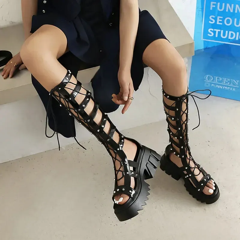 Amozae-Roman-Style Cross-Lace Cutout Long-Barrel Sandals Muffin Heels With Peep Toe Rivets To Raise Zipper Sexy Women's Sandals