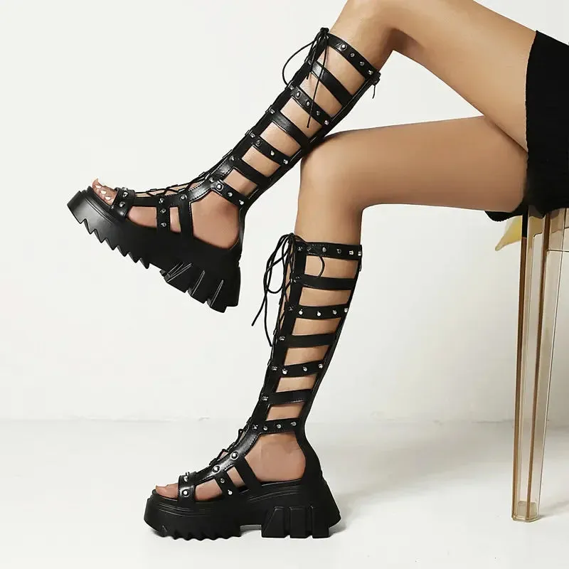 Amozae-Roman-Style Cross-Lace Cutout Long-Barrel Sandals Muffin Heels With Peep Toe Rivets To Raise Zipper Sexy Women's Sandals