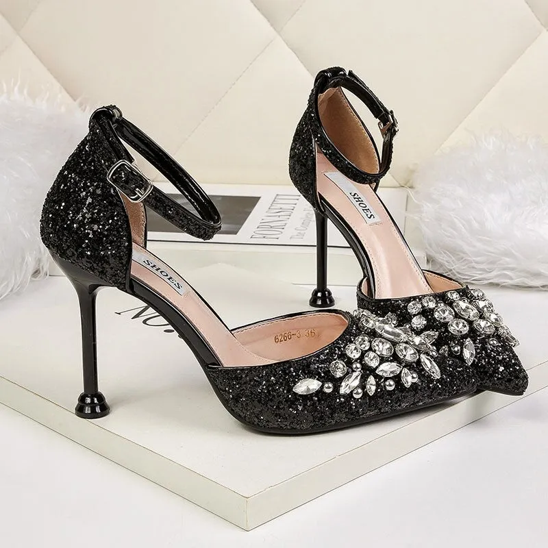 Amozae-Women Summer 9.5cm High Heels Crystal Luxury Sandals Lady Glitter Bling Pumps Footwear Sequins Wedding Bridal Sandles Shoes