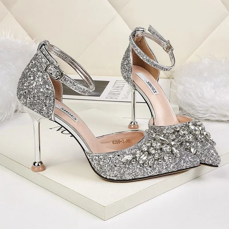 Amozae-Women Summer 9.5cm High Heels Crystal Luxury Sandals Lady Glitter Bling Pumps Footwear Sequins Wedding Bridal Sandles Shoes