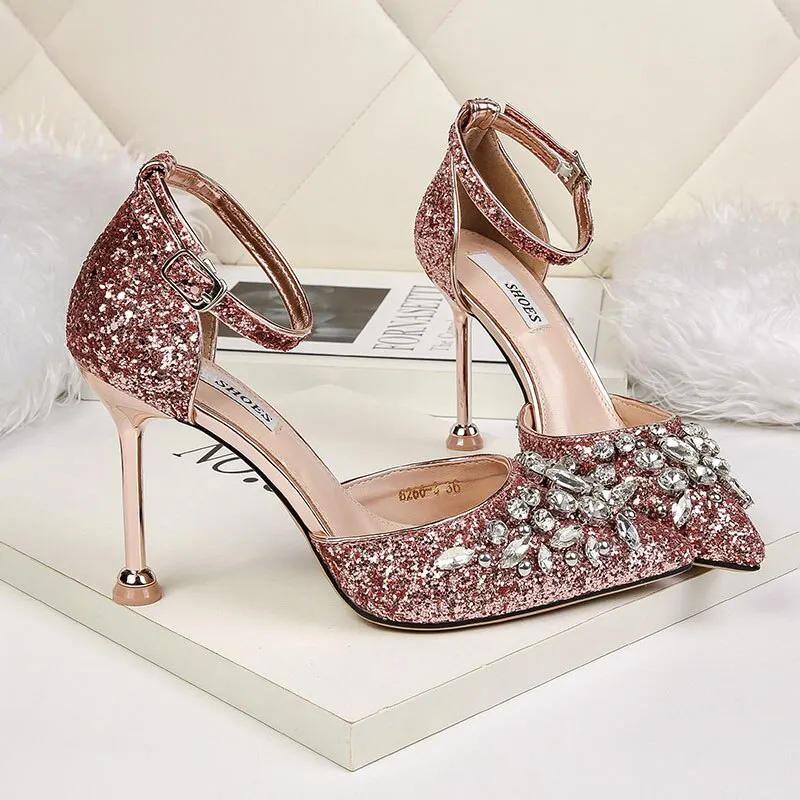 Amozae-Women Summer 9.5cm High Heels Crystal Luxury Sandals Lady Glitter Bling Pumps Footwear Sequins Wedding Bridal Sandles Shoes