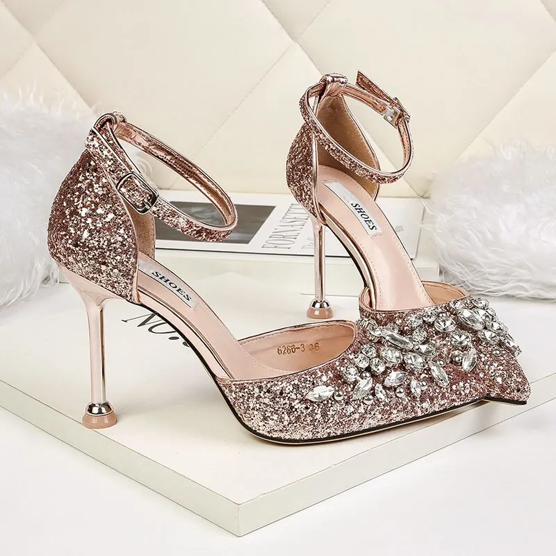 Amozae-Women Summer 9.5cm High Heels Crystal Luxury Sandals Lady Glitter Bling Pumps Footwear Sequins Wedding Bridal Sandles Shoes