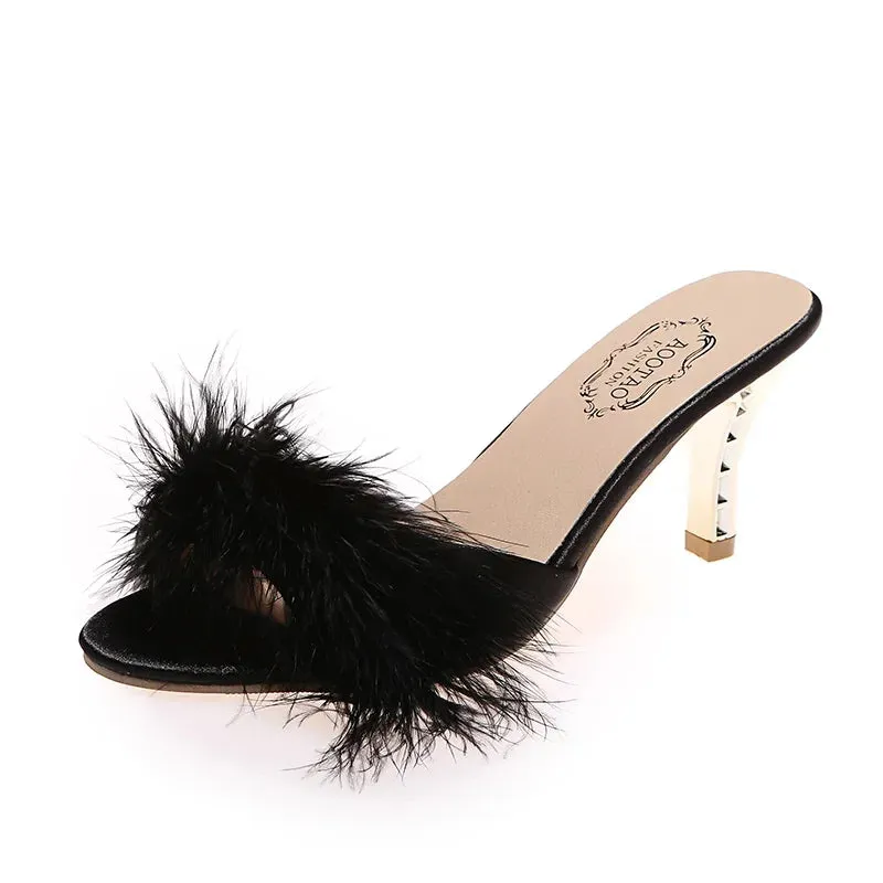 Amozae-Women's Shoes Summer New Hairy Pionted Toe Women's High Heel Slippers Fashion Dress Party Ladies Slingbacks Mule Shoes