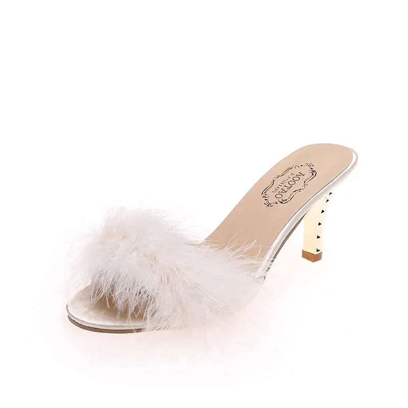 Amozae-Women's Shoes Summer New Hairy Pionted Toe Women's High Heel Slippers Fashion Dress Party Ladies Slingbacks Mule Shoes