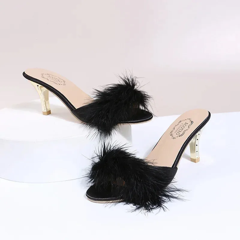 Amozae-Women's Shoes Summer New Hairy Pionted Toe Women's High Heel Slippers Fashion Dress Party Ladies Slingbacks Mule Shoes