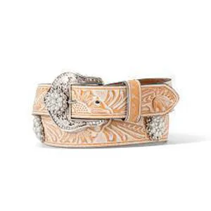 Ariat Tan/White Washed Floral Embossed Belt with Clear Crystal & Pearl Conchos