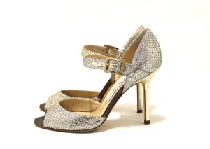 Authentic Jimmy Choo Silver Glitter Strap Heel Sandal Size 36