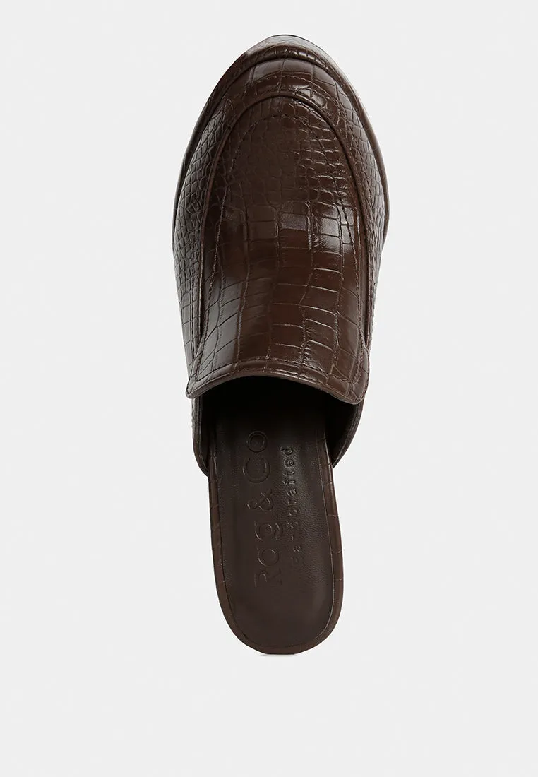 BAUHAUS Brown Croc Pattern Heeled Platform Mules