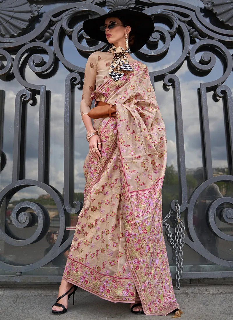 Beige Pink Handloom Woven Floral Printed Silk Saree