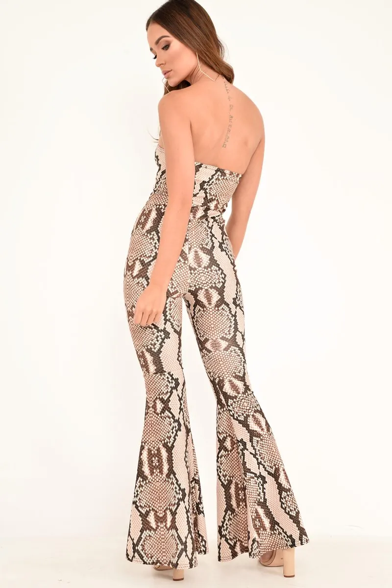 Beige Snake Print Flare Bandeau Jumpsuit - Letizia