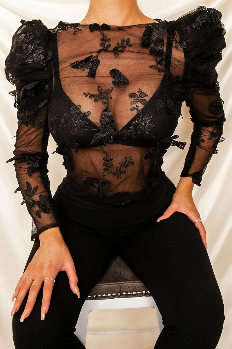 Black Butterfly Embroidery Mesh Puff Sleeve Top - Raaya