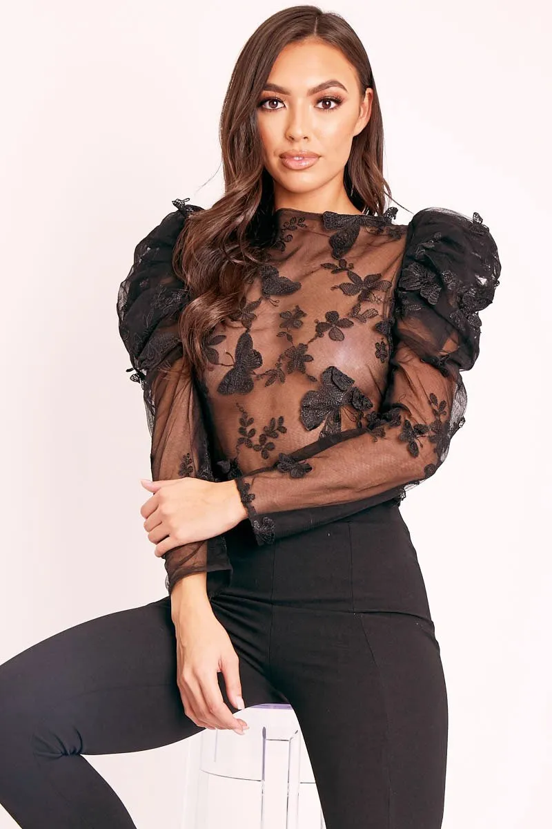 Black Butterfly Embroidery Mesh Puff Sleeve Top - Raaya