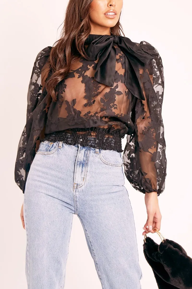 Black Floral Burn Out Mesh Blouse - Tessie