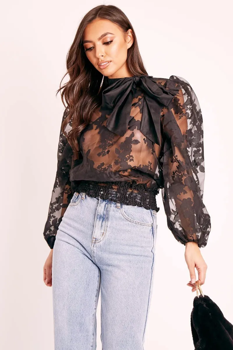 Black Floral Burn Out Mesh Blouse - Tessie