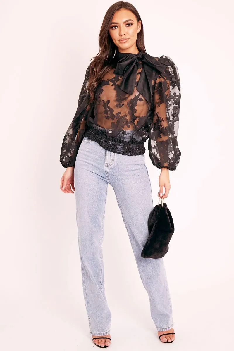 Black Floral Burn Out Mesh Blouse - Tessie