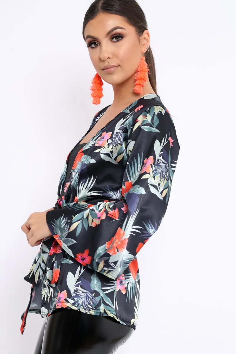 Black Floral Flared Sleeve Kimono - Shifa